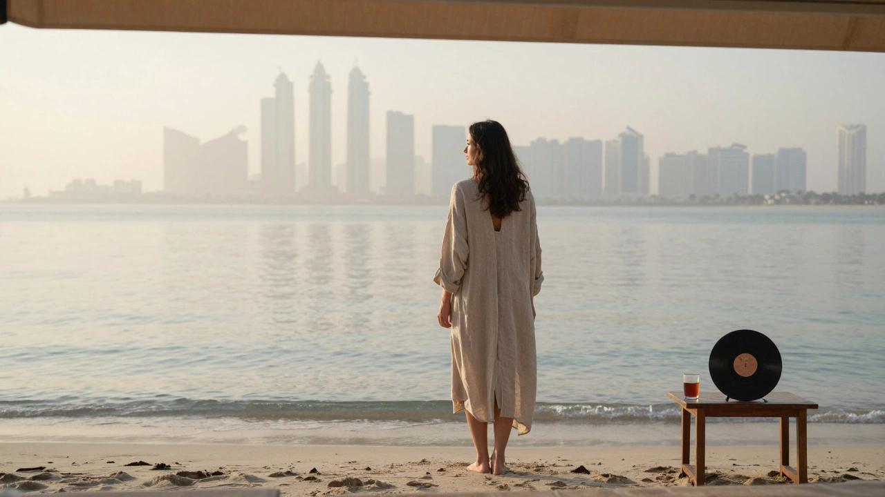 A woman stands alone on a Dubai beach at sunrise, back turned, vinyl record and tea cup on a table nearby, city blurred in mist.