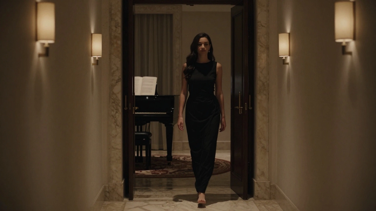 A woman walks barefoot down a luxurious hotel hallway, minimal attire, no visible branding, only ambient light and silence.