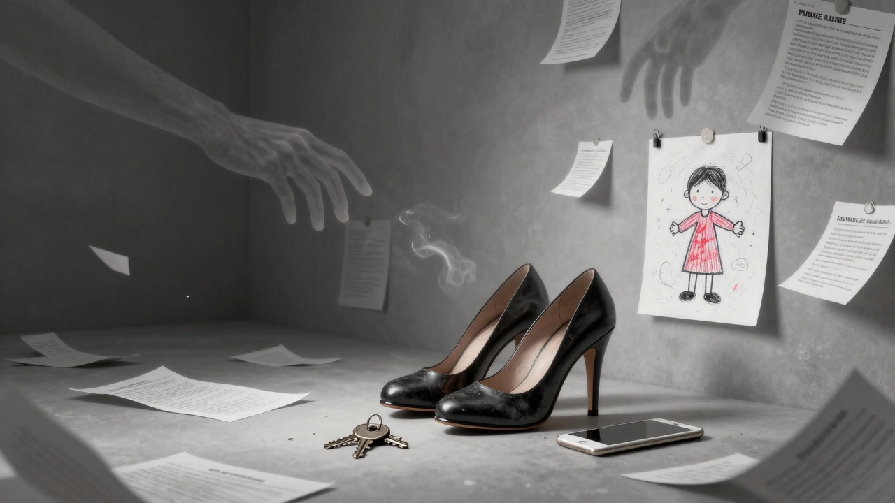 High-heeled shoes and personal items float beside legal papers and a child&#039;s drawing, surrounded by fading hands and smoke.