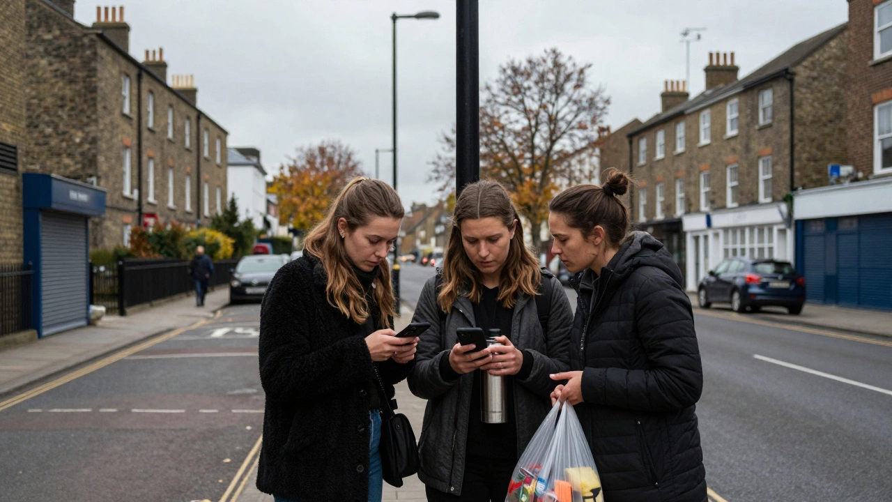 Three women wait together under a streetlamp in Stratford, sharing a thermos and checking their phones at night.